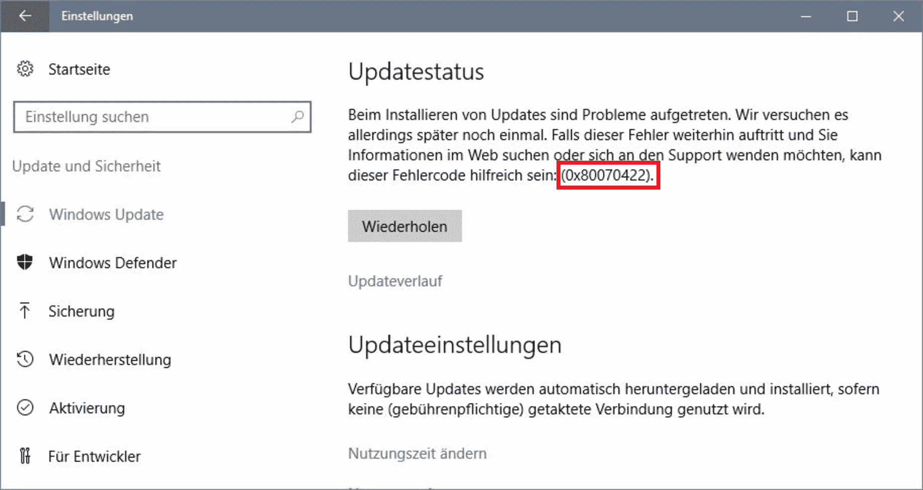 Fehlercode 0x80070070: Nicht genügend Speicherplatz auf der Festplatte.
Fehlercode 0x80070422: Windows Update-Dienst ist nicht aktiviert.