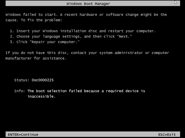 Fehlermeldung: Der Windows Boot Manager zeigt den Fehlercode 0xc0000225 an.
Ursachen: Die Dateien des Boot Managers sind beschädigt oder fehlen.