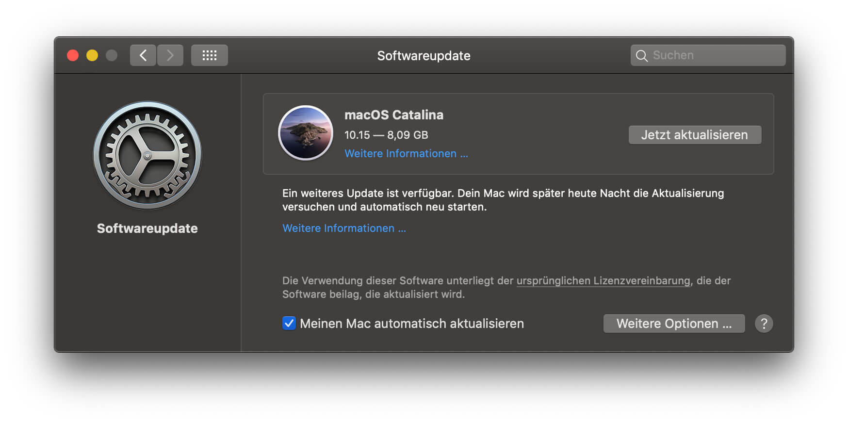 Führen Sie das macOS Catalina Update über den Mac App Store oder die Systemeinstellungen aus.
Beachten Sie, dass das Update einige Zeit in Anspruch nehmen kann. Haben Sie Geduld und unterbrechen Sie den Vorgang nicht.