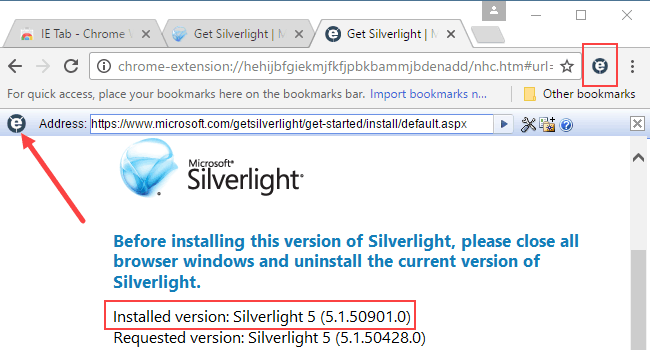 IE Tab ermöglicht die Verwendung des Internet Explorer innerhalb von Google Chrome.
Die Silverlight-Kompatibilität ist jedoch nicht garantiert, da Microsoft die Unterstützung von Silverlight eingestellt hat.