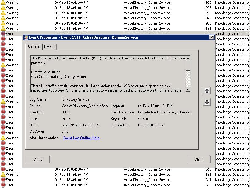 Installationsschwierigkeiten: Fehler 1311 tritt während der Installation von Active Directory oder NTDS KCC auf.
Verbindungsprobleme: Fehler 1311 kann auftreten, wenn eine Verbindung zwischen Domänencontrollern nicht hergestellt werden kann.