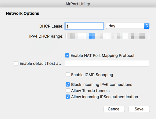 IPv6-Adressen auf Apple Airport sperren
IPv6-Konnektivität auf Apple Airport deaktivieren