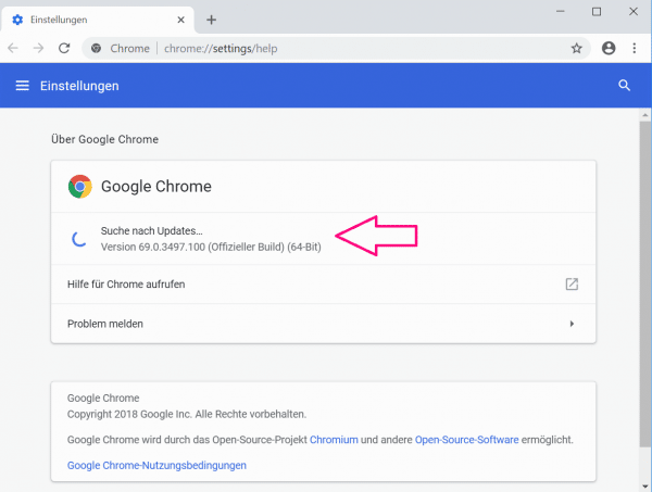 Klicken Sie auf das Menüsymbol und wählen Sie Hilfe und dann Über Google Chrome.
Chrome wird nach Updates suchen und diese automatisch installieren.