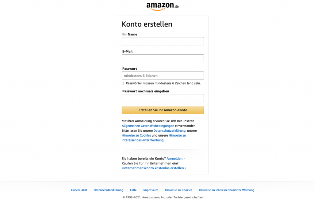 Öffne die Amazon-Website in deinem Browser.
Scrolle nach unten und klicke auf Hilfe.