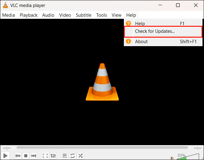 Öffnen Sie den VLC Player und klicken Sie auf Hilfe in der Menüleiste.
Wählen Sie Nach Updates suchen aus dem Dropdown-Menü.