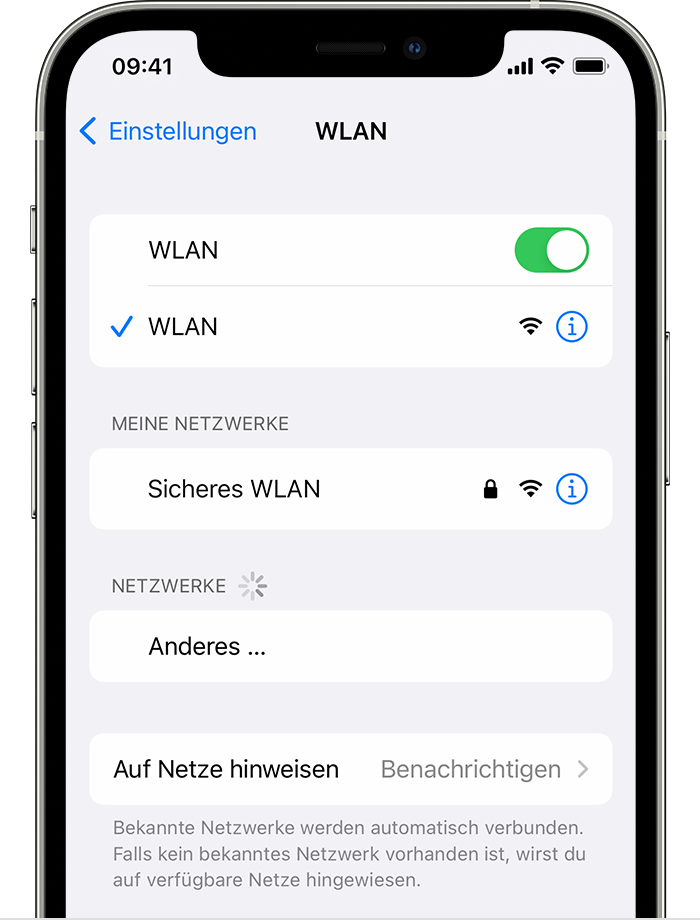 Öffnen Sie die Einstellungen-App auf Ihrem iPhone.
Tippen Sie auf WLAN und stellen Sie sicher, dass Sie mit einem funktionierenden WLAN-Netzwerk verbunden sind.