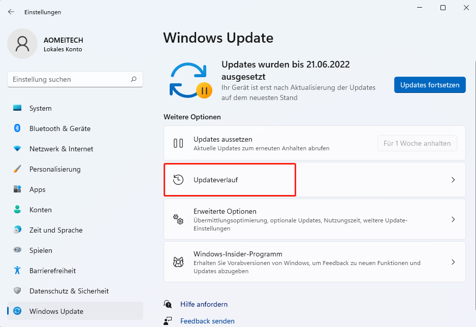 Öffnen Sie erneut den Windows Update-Verlauf und überprüfen Sie, ob die kürzlich installierten Updates nicht mehr aufgeführt sind.
Öffnen Sie das Windows Update, indem Sie auf das Windows-Symbol klicken, nach Windows Update suchen und darauf klicken.