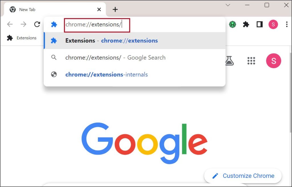 Öffnen Sie Google Chrome.
Geben Sie chrome://extensions/ in die Adressleiste ein und drücken Sie die Eingabetaste.