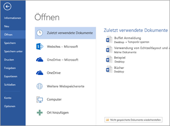 Öffnen Sie Microsoft Office und wählen Sie Datei aus.
Klicken Sie auf Öffnen im linken Menü.