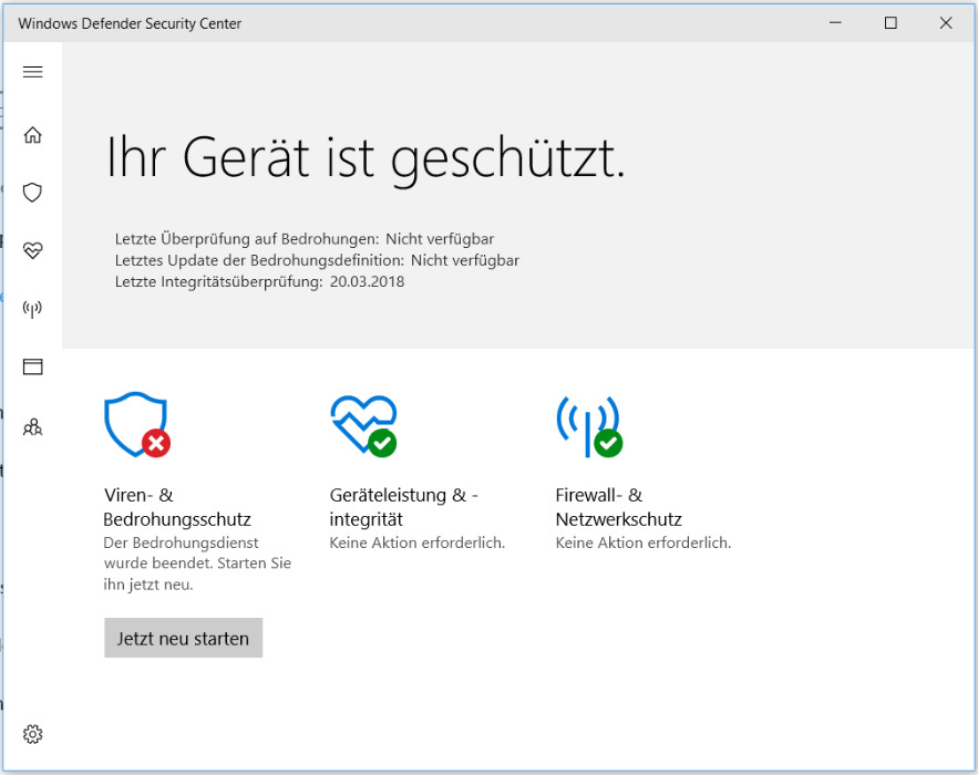 Öffnen Sie Windows Defender Security Center durch Klicken auf das Startmenü und Suchen nach Windows Defender Security Center.
Klicken Sie auf Viren- & Bedrohungsschutz in der linken Menüleiste.