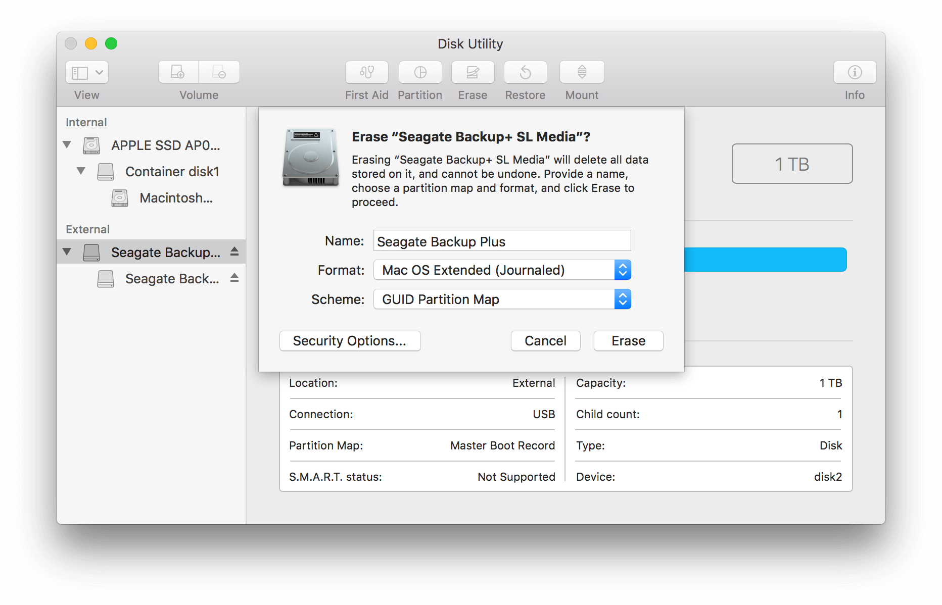 Schließen Sie die externe Festplatte ab und fahren Sie den Mac herunter.
Warten Sie einige Minuten und starten Sie dann sowohl den Mac als auch die externe Festplatte neu.