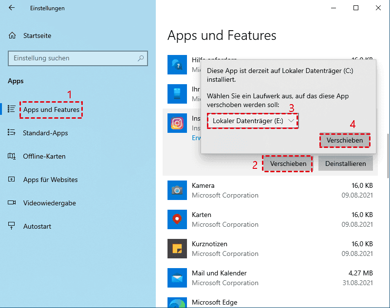 Suchen Sie in der Liste der installierten Apps nach Windows-Apps.
Klicken Sie auf Windows-Apps und wählen Sie Verschieben aus.