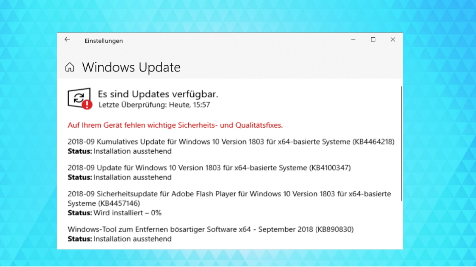 Überprüfen Sie auf verfügbare Updates über die Windows Update-Funktion.
Installieren Sie alle wichtigen Updates und Patches.