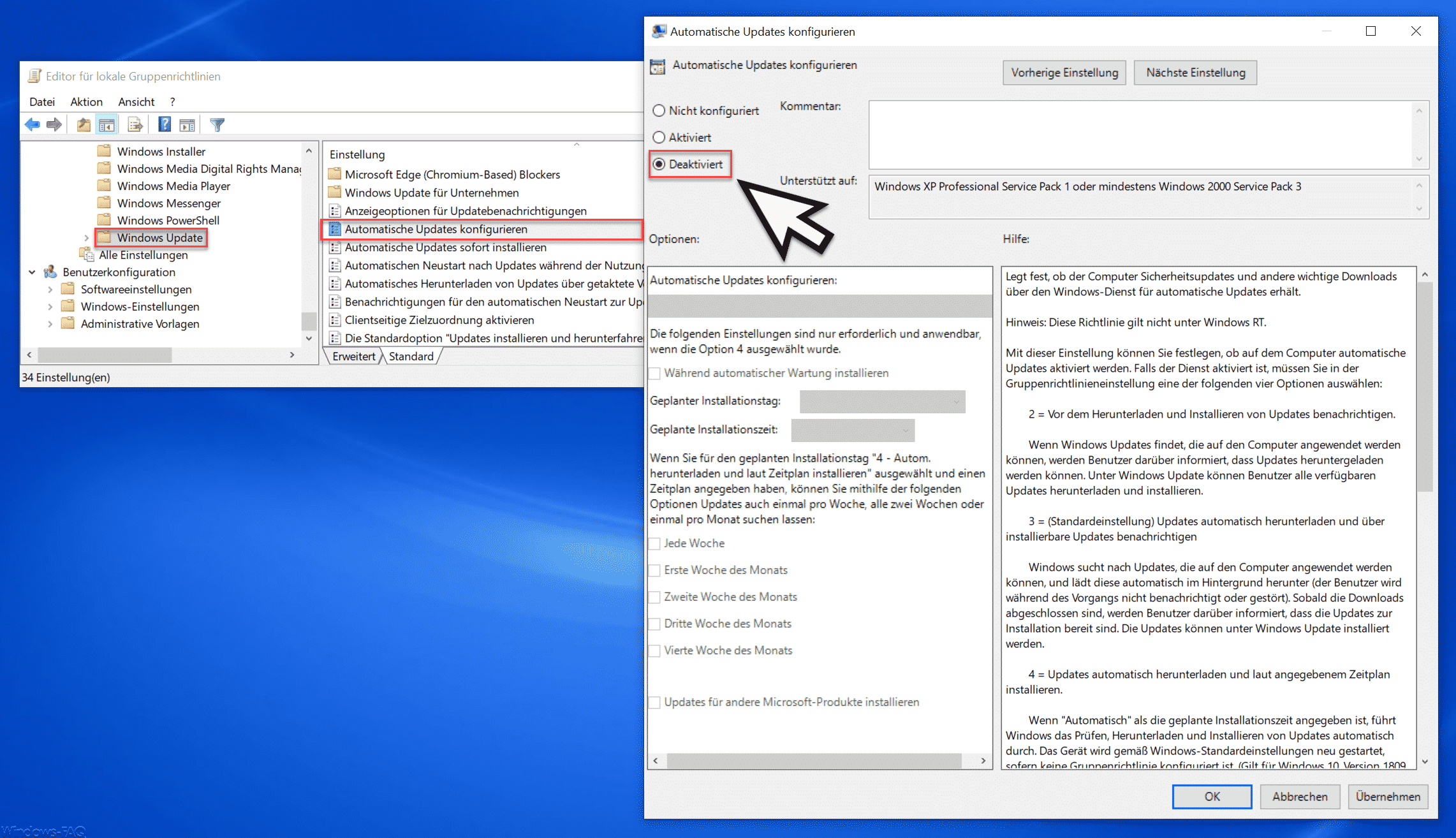 Überprüfen Sie, ob das Windows Update auf Automatisch eingestellt ist.
Stellen Sie sicher, dass die Option Updates automatisch herunterladen und installieren aktiviert ist.
