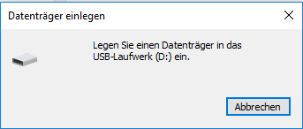 Was bedeutet die Fehlermeldung Bitte legen Sie einen Datenträger in ein USB-Laufwerk ein?
Warum erhalte ich diese Fehlermeldung, obwohl ein USB-Laufwerk angeschlossen ist?
